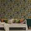 w1375592h Funky wallpaper featuring gold picture frames with animals in vintage attire on a navy blue background.