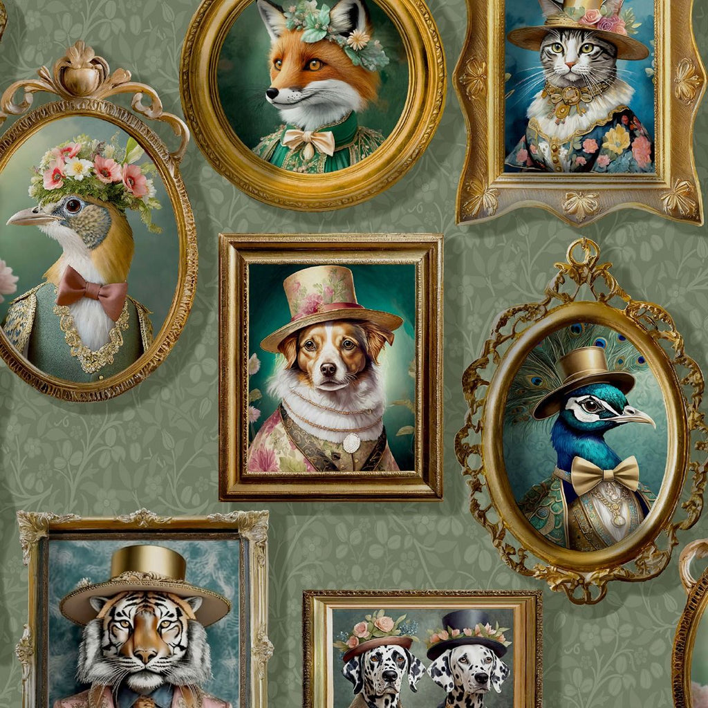 w1375592h Funky wallpaper featuring gold picture frames with animals in vintage attire on a navy blue background.