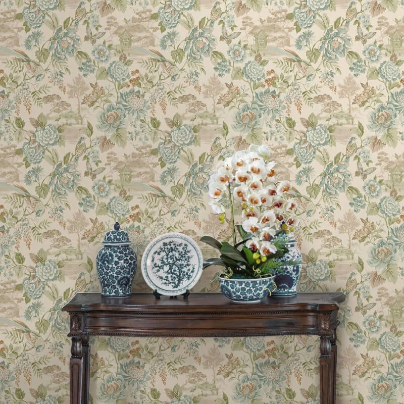 w1386611h Gorgeous vintage style floral with beautiful birds in gorgeous soft blues and greens on a cream background.