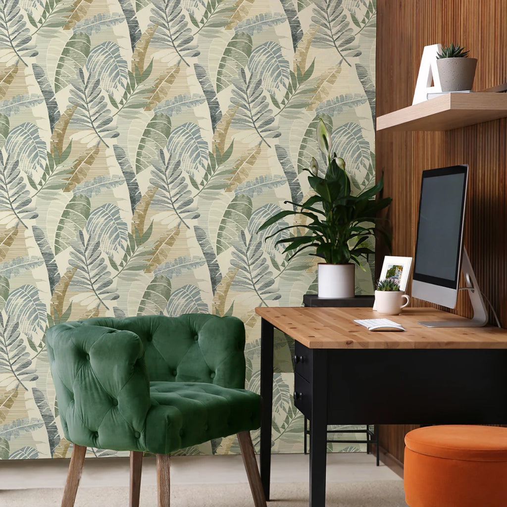 w165501b Gorgeous tropical leaf motif in beautiful green and gold tones on a rich cream background.