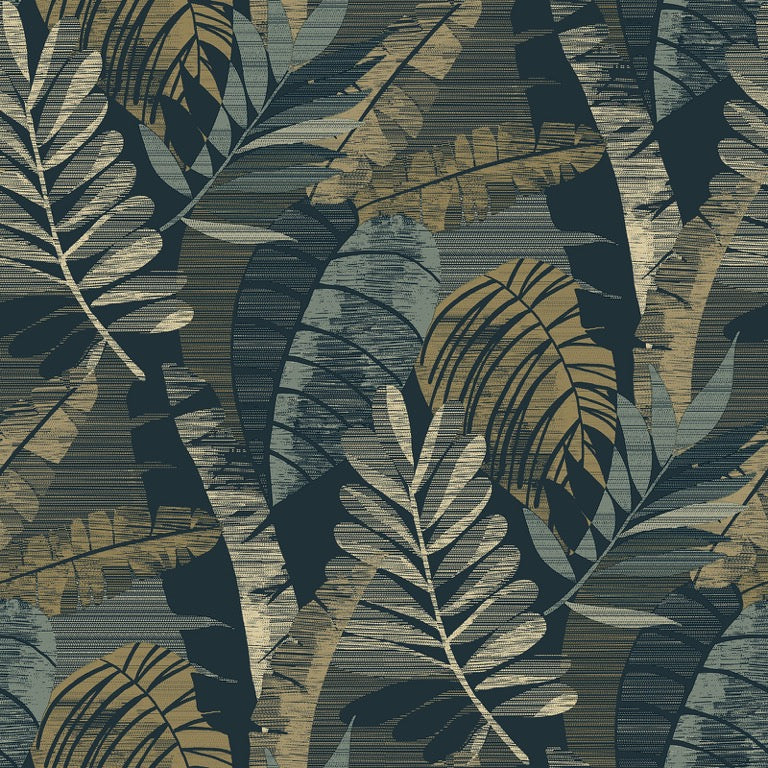 w167702b Gorgeous tropical leaf motif in beautiful navy and gold tones.