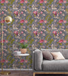 w19799001g Beautiful vintage 'hand-painted' effect wallpaper with a beautiful pink rose floral trail on a deep charcoal background.