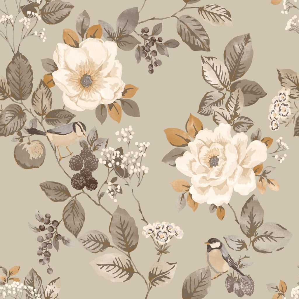 w232201b Beautiful floral and bird motif in tones of cream, green, purple and red on a flat navy blue background.