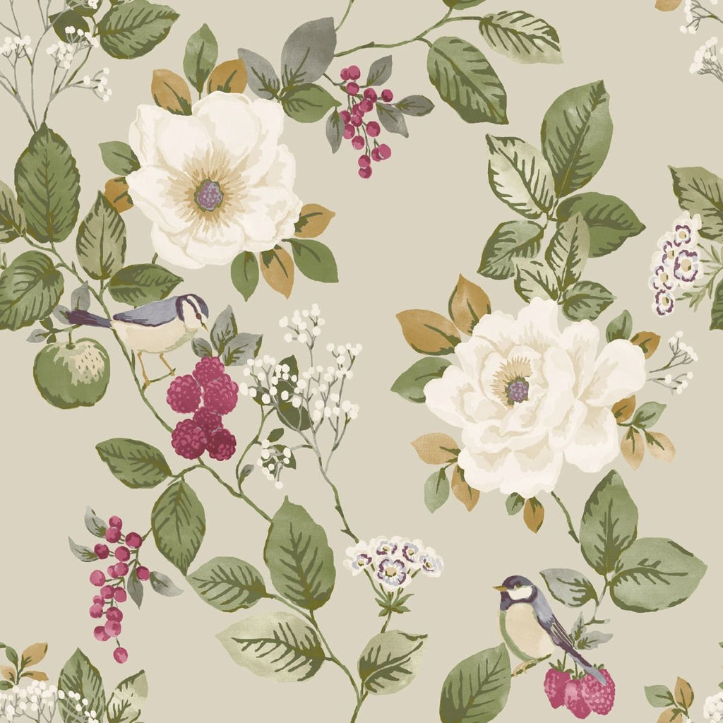 w235502b Beautiful floral and bird motif in tones of cream and brown on a flat charcoal background.