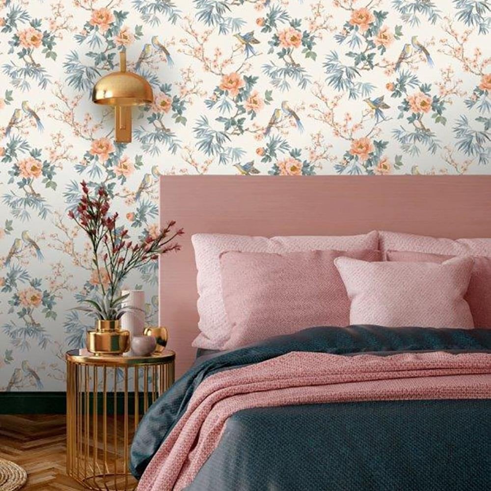 w26077561r Beautiful floral and bird motif on trailing leaves on an off white background.