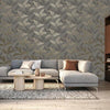 w28300487r Gorgeous metallic leaf on linen effect wallpaper in grey and soft gold.