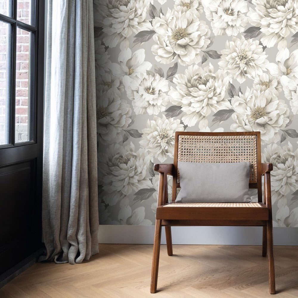 w28300777r Beautiful large scale floral in gorgeous taupe and soft grey tones.