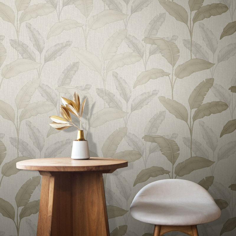 w28322470r Gorgeous metallic leaf on linen effect wallpaper in beige and soft gold.
