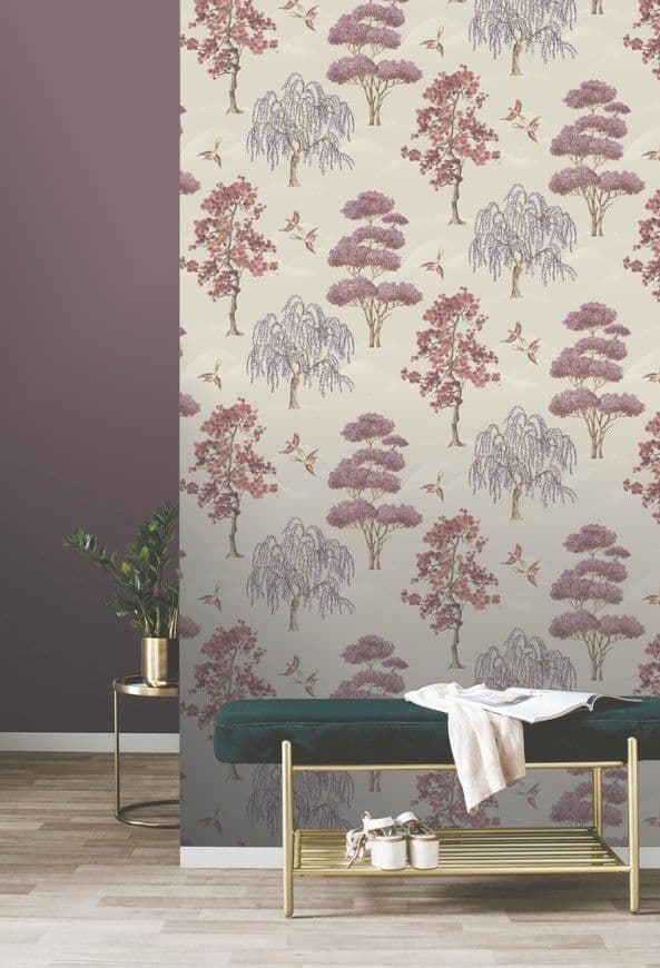 w28399890r Fabulous mauve willow tree design with gorgeous flying birds.