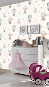 W30077512R Beautiful kids nusery wallpaper with gorgeous animals in hot air balloons.