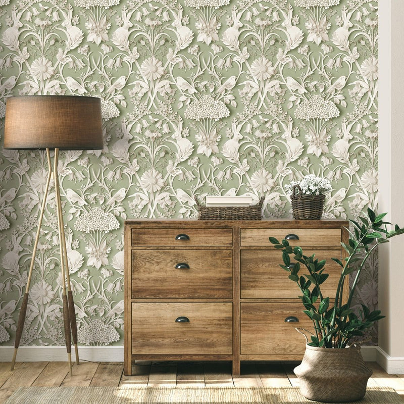 w4255951fd Beautiful woodland forest design featuring gorgeous animals including rabbits and birds on a gorgeous sage green background.
