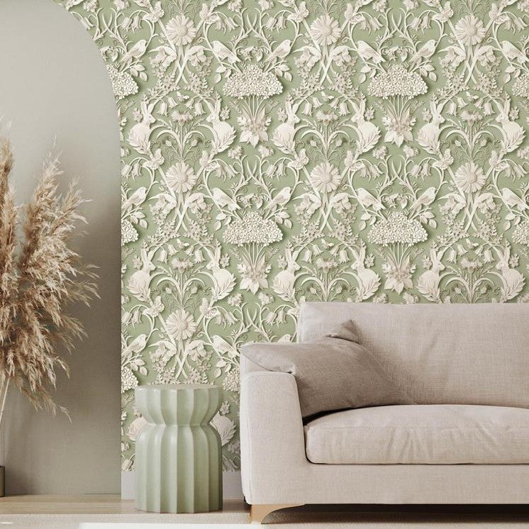 w4255951fd Beautiful woodland forest design featuring gorgeous animals including rabbits and birds on a gorgeous sage green background.