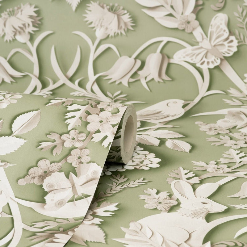 w4255951fd Beautiful woodland forest design featuring gorgeous animals including rabbits and birds on a gorgeous sage green background.