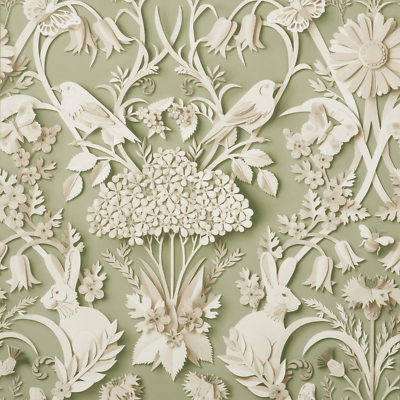 w4255951fd Beautiful woodland forest design featuring gorgeous animals including rabbits and birds on a gorgeous sage green background.