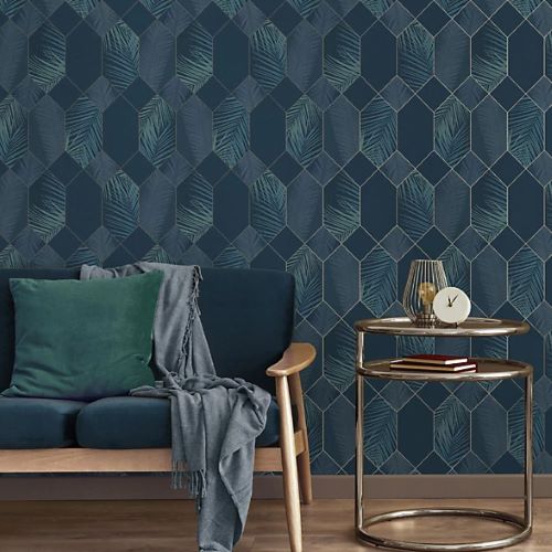 w4287737fd Fabulous funky geometric with a gorgeous leaf motif throughout in navy.