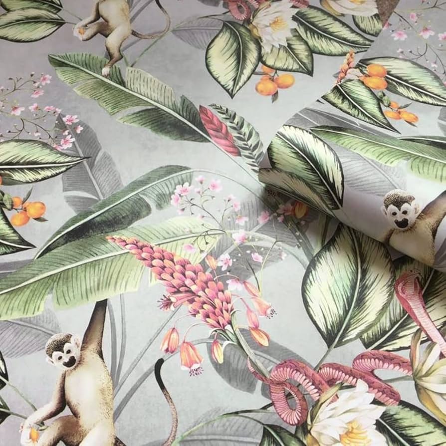 w550000b Beautiful jungle inspired wallpaper with gorgeous monkeys, snakes, leaves and flowers on a grey background.