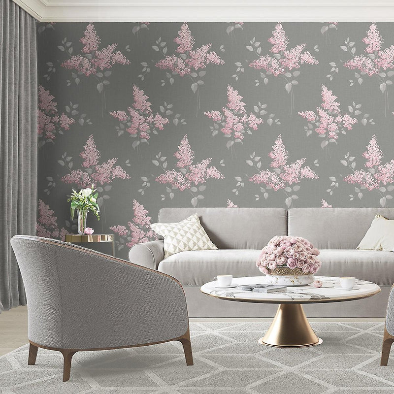 w5900001b Beautiful and delicate large scale floral spray in soft pink and grey tones on a grey background.