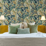 w595500r Beautiful bold leaf and floral pattern in beautiful block colours such as blue, teal, burnt orange, beige and cream.