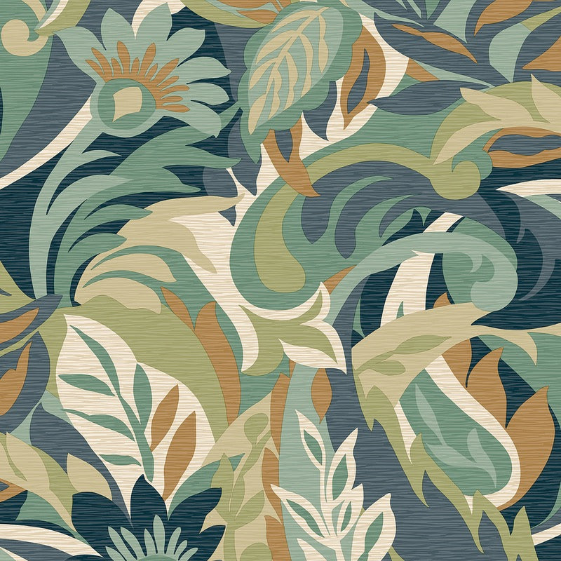 w595500r Beautiful bold leaf and floral pattern in beautiful block colours such as blue, teal, burnt orange, beige and cream.