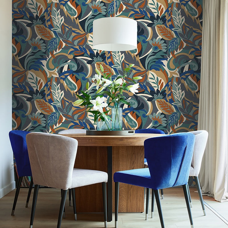 w597703r Beautiful bold leaf and floral pattern in beautiful block colours such as blue, teal, burnt orange, beige and cream.