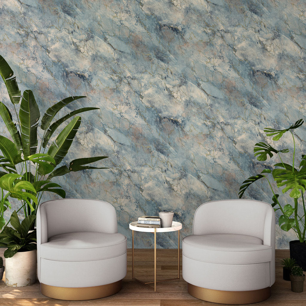 w617764b Fabulous marble effect wallpaper in gorgeous blue tones with beautiful metallic gold detail.