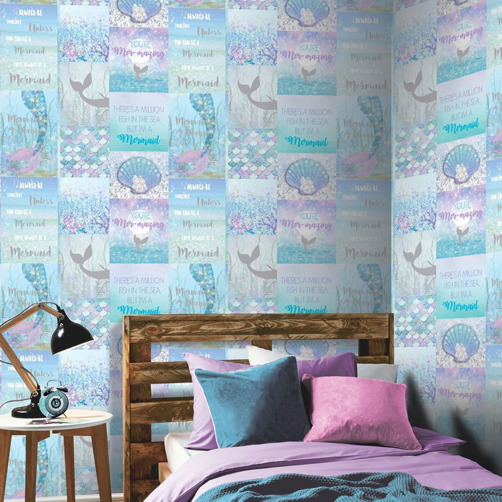 w69877304g Beautiful mermaid collage style design with beautiful glitter detail in shades of blue, green, pink and purple.