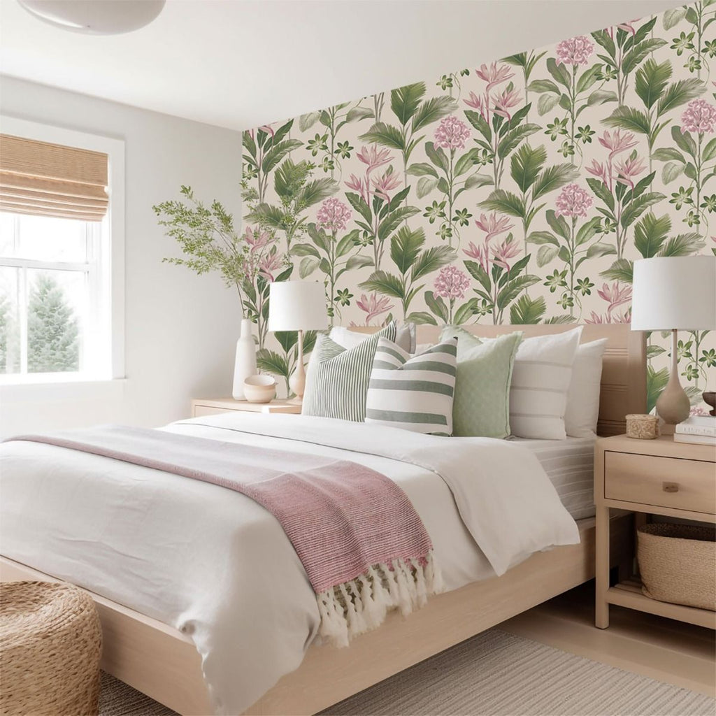 w845595b Gorgeous green palm leaves with tropical flowers in gorgeous shades of pink on an off-white background.