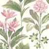 w845595b Gorgeous green palm leaves with tropical flowers in gorgeous shades of pink on an off-white background.