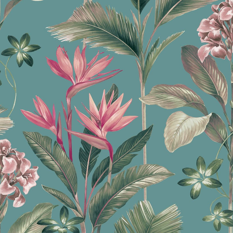 w847786b Gorgeous green palm leaves with tropical flowers in gorgeous shades of blue and pink on a pretty pink background.