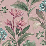 w849985b Gorgeous green palm leaves with tropical flowers in gorgeous shades of blue and pink on a pretty pink background.