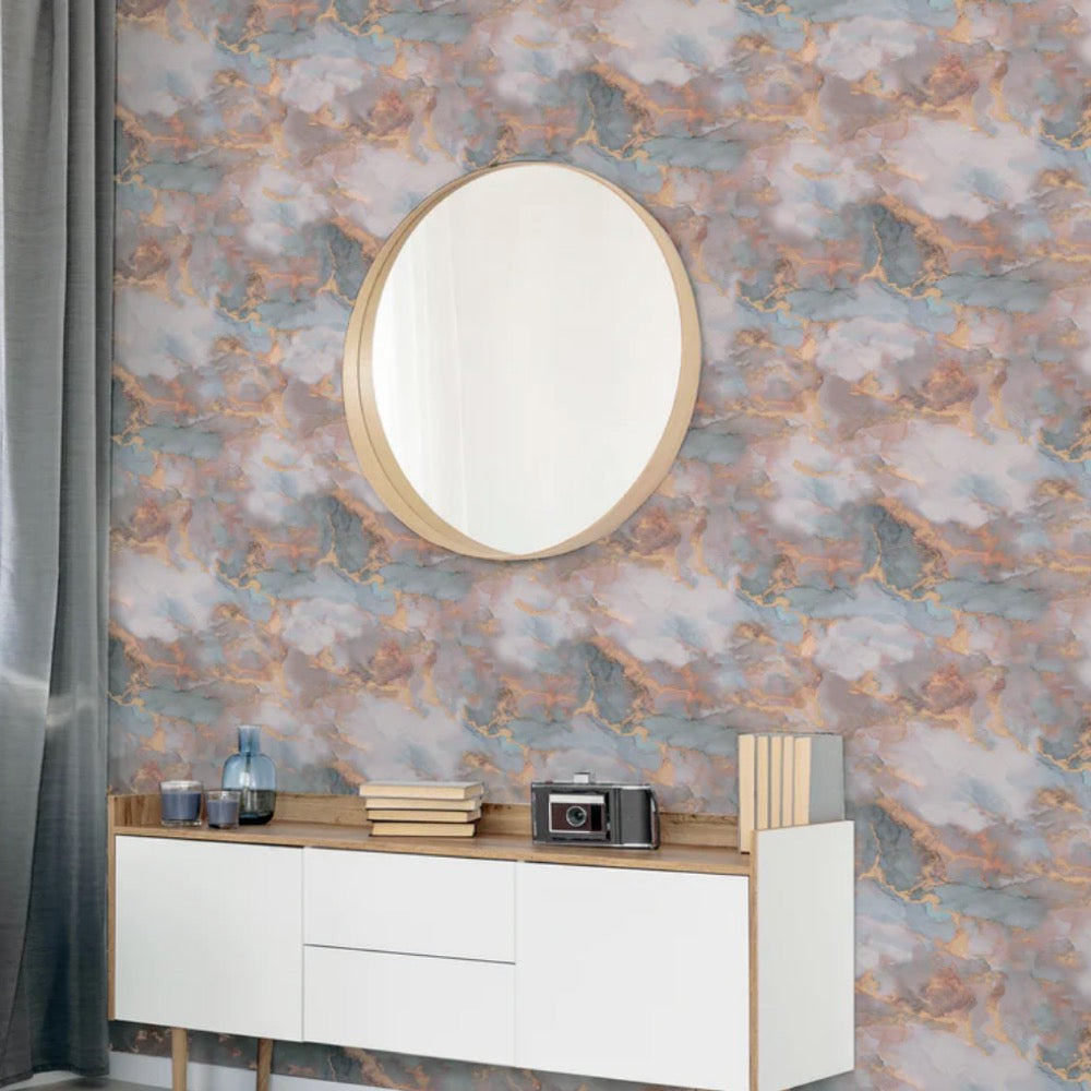 w92588105a Gorgeous marble design with subtle tones of pink and soft blue with metallic gold detail.