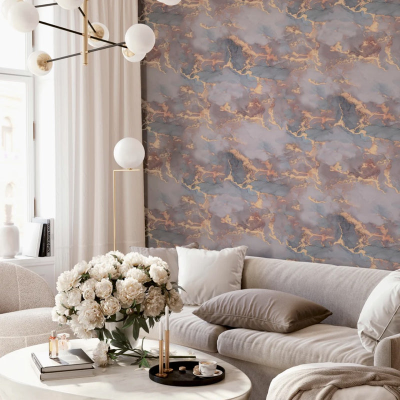 w92588105a Gorgeous marble design with subtle tones of pink and soft blue with metallic gold detail.