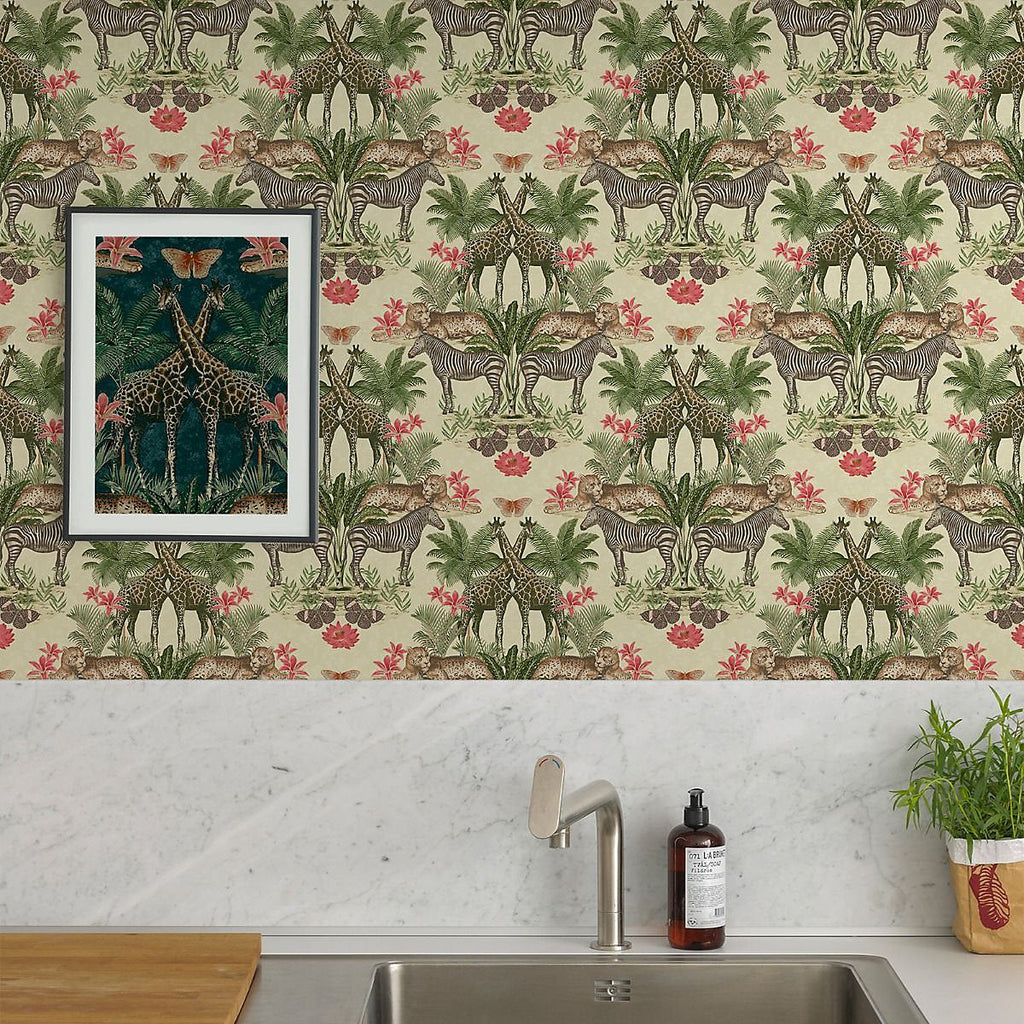 wa4955303g Gorgeous tropical animal kingdom wallpaper with gorgeous pink and green tones.