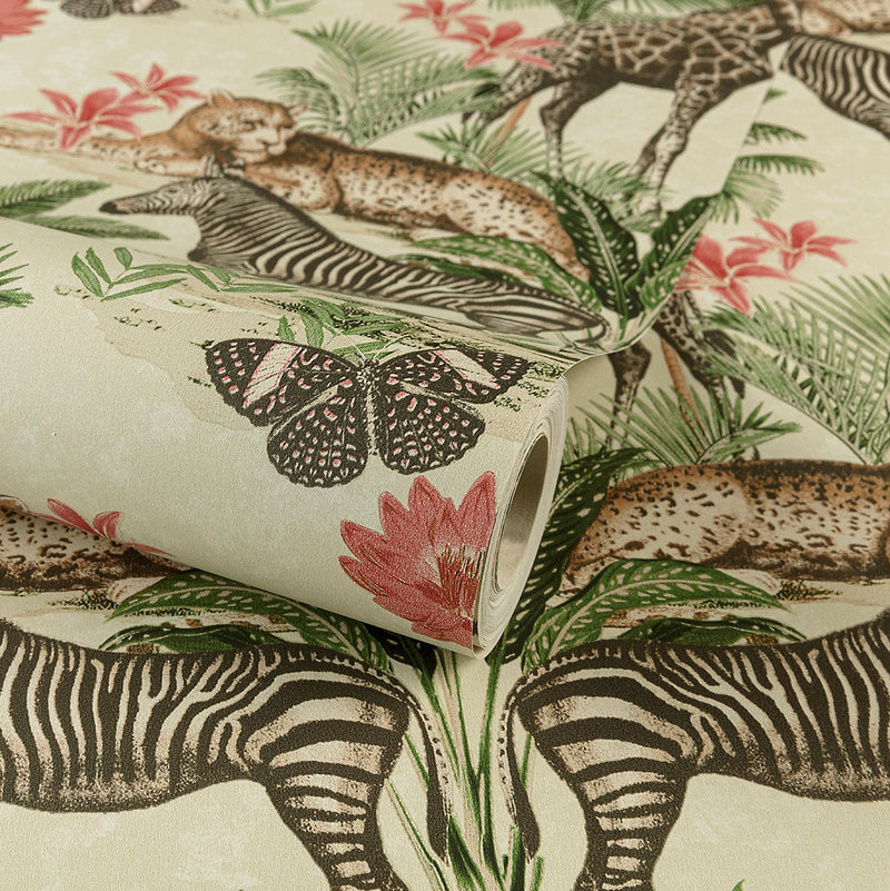 wa4955303g Gorgeous tropical animal kingdom wallpaper with gorgeous pink and green tones.