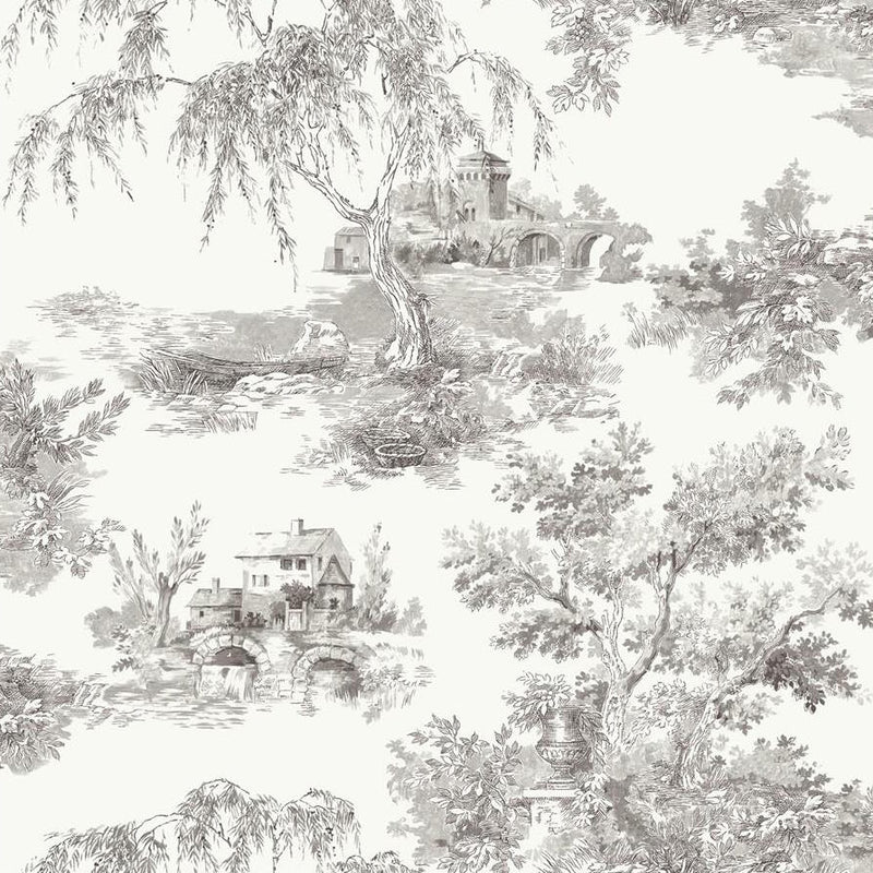 wa6900803g Beautiful and delicate toile de jouy wallpaper in green.