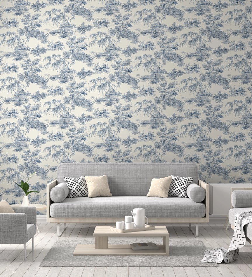 wa6977802g Beautiful and delicate toile de jouy wallpaper in blue.