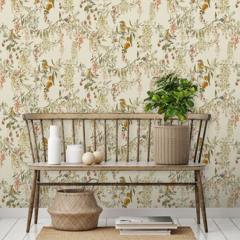 wa7931101g Gorgeous beautiful birds on trailing floral branches on a warm cream background.