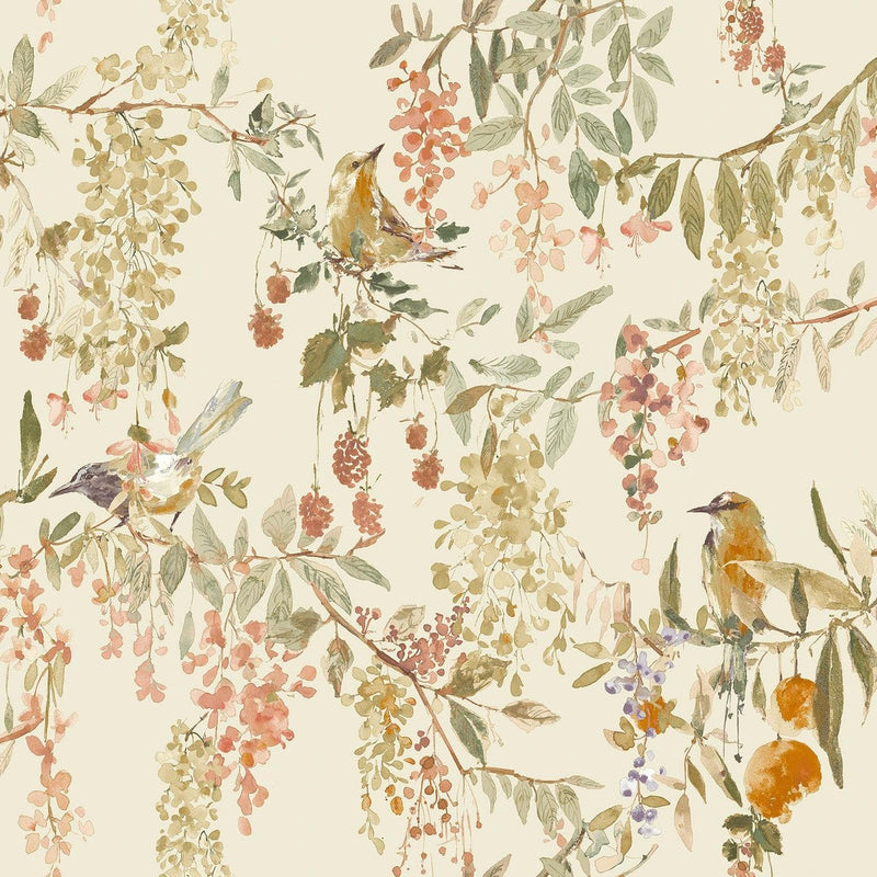 wa7931101g Gorgeous beautiful birds on trailing floral branches on a warm cream background.