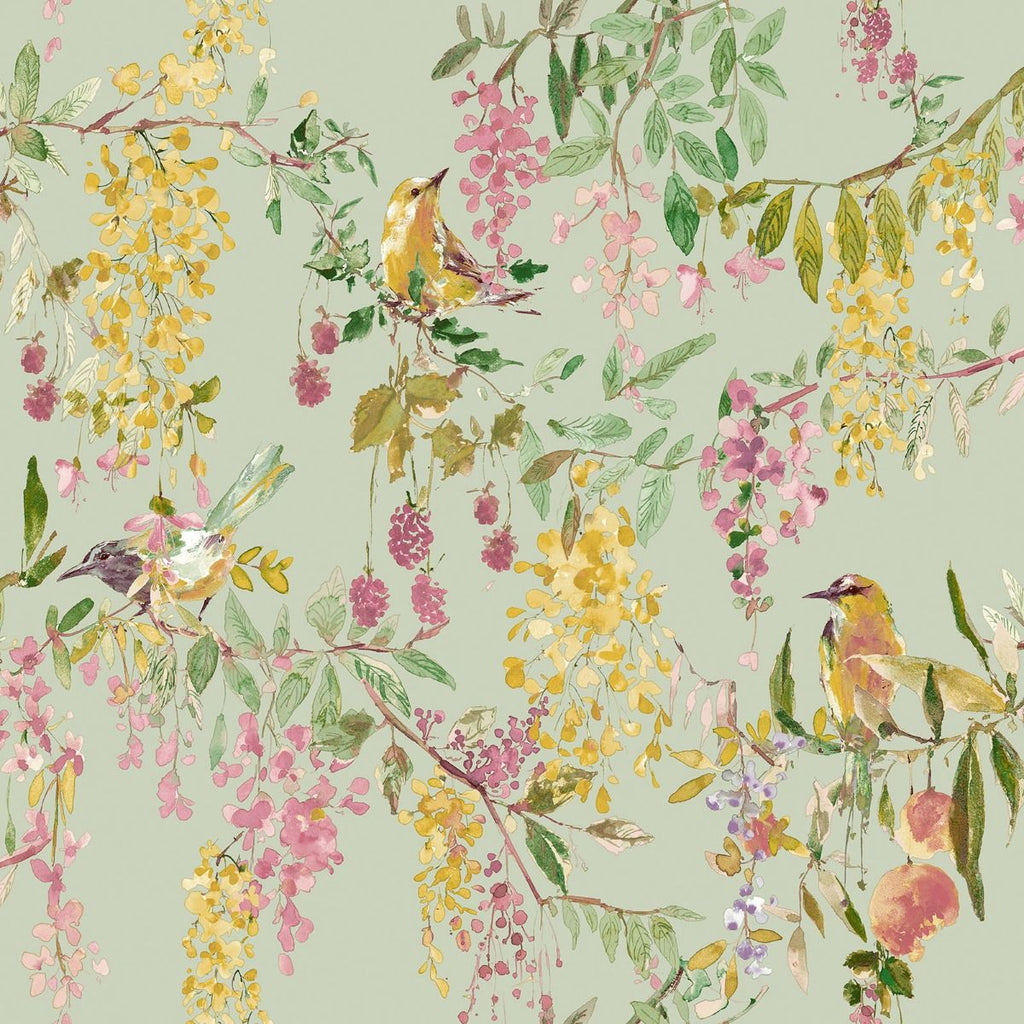 wa7935502g Gorgeous beautiful birds on trailing floral branches on a delicate green background.