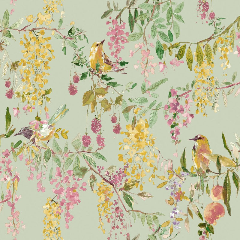 wa7935502g Gorgeous beautiful birds on trailing floral branches on a delicate green background.