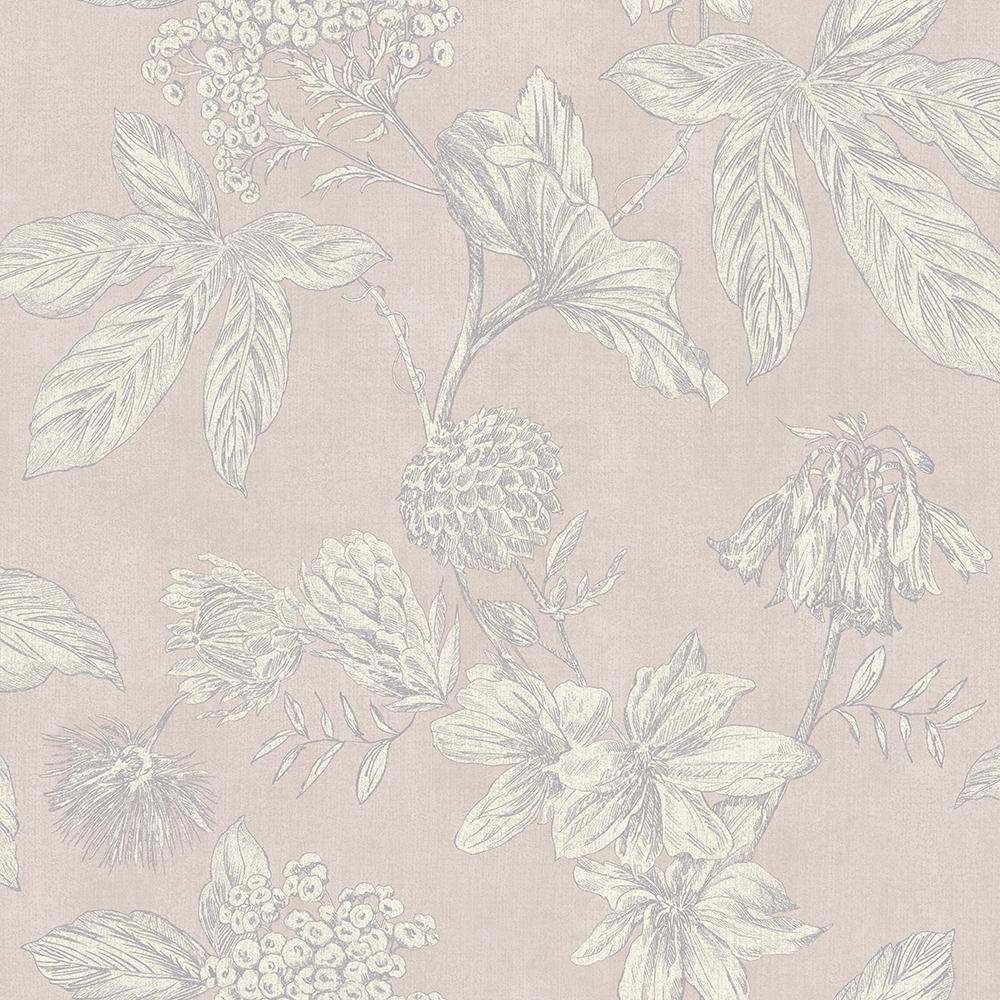 90200700a A vintage floral wallpaper, outlined with metallic grey highlights, with a subtle pink background. Paste the wall.
