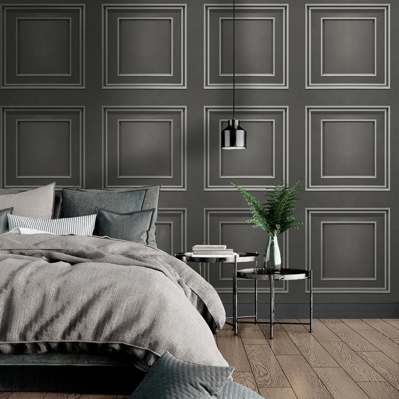 vh730090b Luxurious panel effect vinyl in charcoal with a beautiful cool silver trim. Supreme quality heavy weight Italian vinyl.