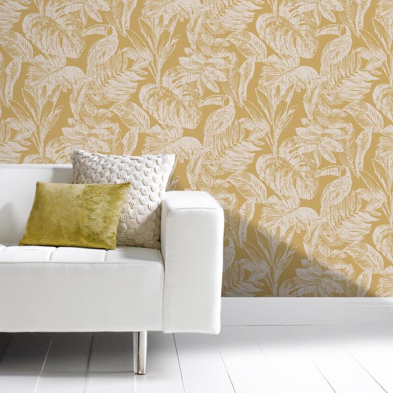 MY346602g Beautiful tropical paradise design with toucan birds on a stylish mustard, 'easy hang' paste the wall, matt vinyl.