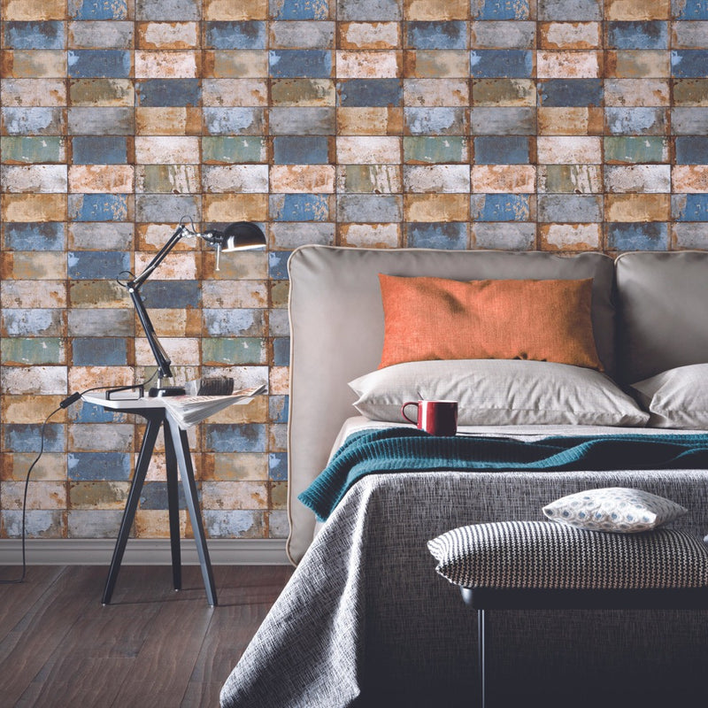 NF232023 Modern brick effect in gorgeous blue and copper tones. Paste the wall vinyl. Perfect for all living spaces as it's fully washable and vinyl quality.