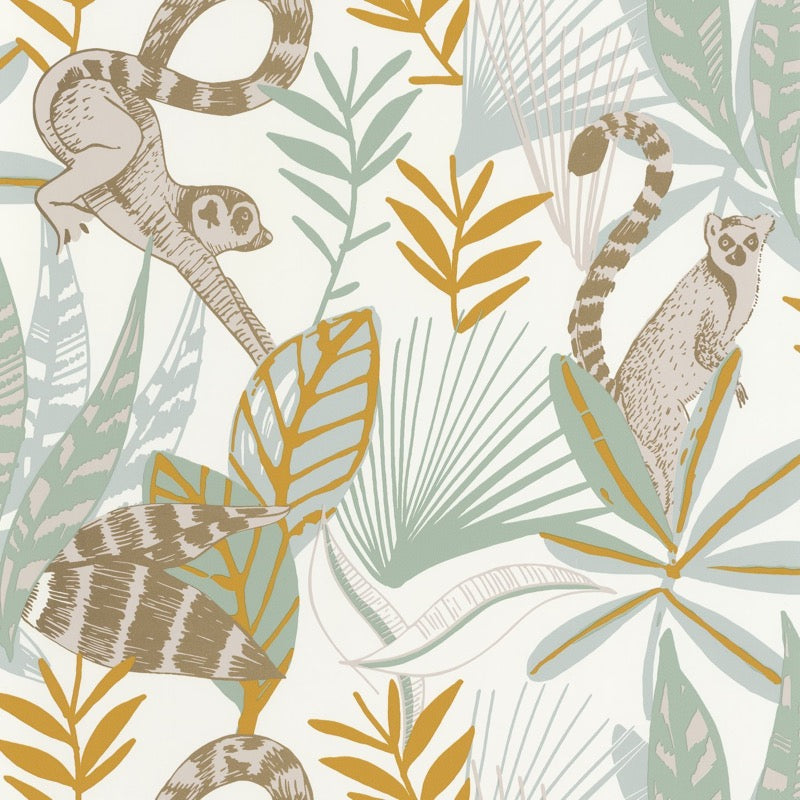OYS101407218cd Beautiful Madagascar jungle theme with lemurs on a matt finish background. Paste the wall designer wallpaper. ***PLEASE NOTE: This wallpaper is a special order product and therefore delivery will take approx. 10 working days.