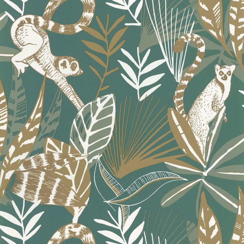 OYS101407800cd Beautiful Madagascar jungle theme with lemurs on a matt finish background. Paste the wall designer wallpaper. ***PLEASE NOTE: This wallpaper is a special order product and therefore delivery will take approx. 10 working days.