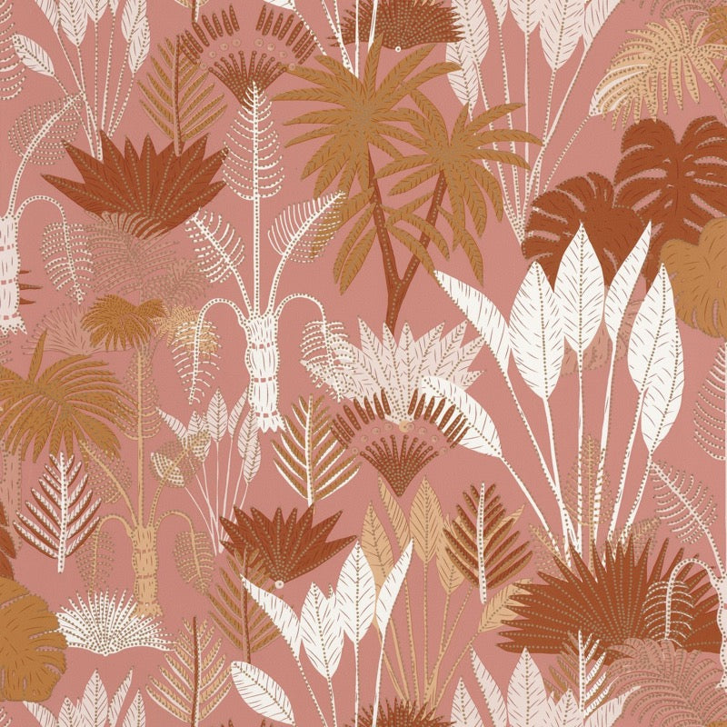 OYS101414105cd Beautiful tropical trees and leaves in gorgeous terracotta, pink and gold tones on a matt background. Paste the wall designer wallpaper. ***PLEASE NOTE: This wallpaper is a special order product and therefore delivery will take approx. 10 working days.