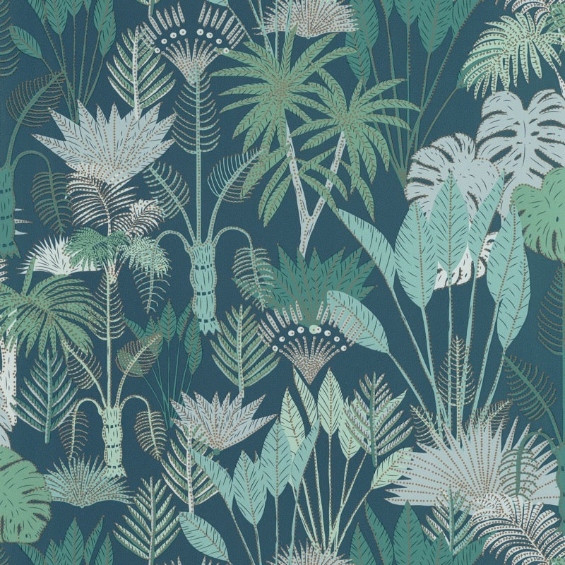 OYS101416119cd Beautiful tropical trees and leaves in greens and blues on a matt rich teal background. Paste the wall designer wallpaper. ***PLEASE NOTE: This wallpaper is a special order product and therefore delivery will take approx. 10 working days.