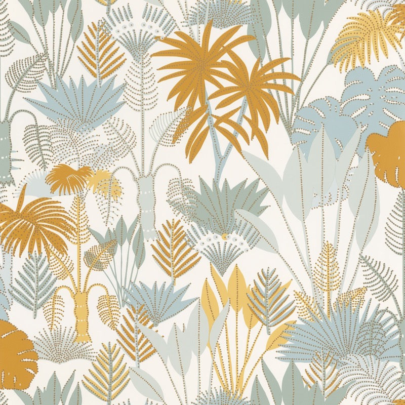 OYS101417508cd Beautiful tropical trees and leaves in soft greens, blues and ochres. Paste the wall designer wallpaper. ***PLEASE NOTE: This wallpaper is a special order product and therefore delivery will take approx. 10 working days.