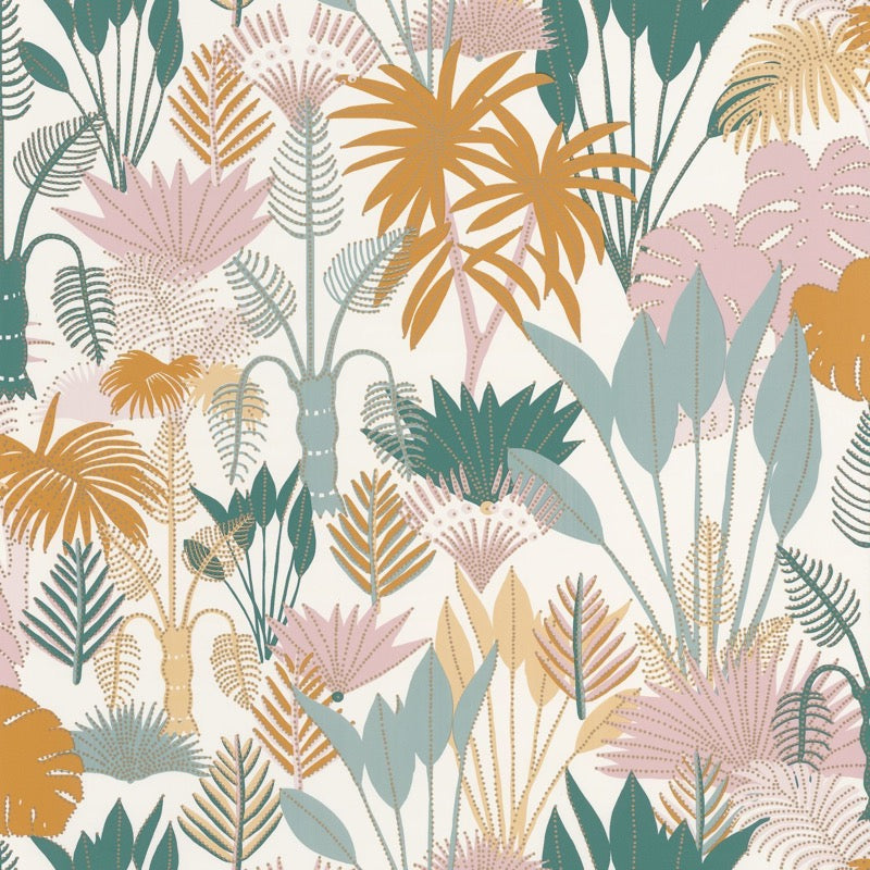 OYS101417607cd Beautiful tropical trees and leaves in gorgeous pinks, greens ochre and blues on a matt background. Paste the wall designer wallpaper. ***PLEASE NOTE: This wallpaper is a special order product and therefore delivery will take approx. 10 working days.
